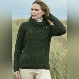 Aran Crafts Dark Green Cable Knit Cardigan  Side Zipper Sweater SZ.M